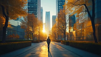 A businessman walks towards the rising sun in a modern city, symbolizing a new day and new opportunities.