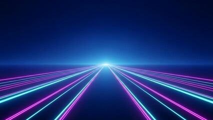 Futuristic glowing neon lines forming a virtual road leading to a bright light on the horizon