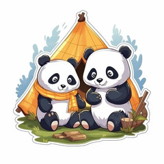 Panda sticker of father and son doing camping activities with happy expressions. Nice and cute.