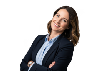 Smiling businesswoman in a dark suit with arms crossed isolated on transparent background