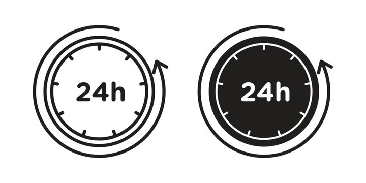 24 Hrs icons in black glyph and liner versions for design.