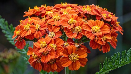 A cluster of vibrant, orange-red flowers with yellow centers, tightly grouped, surrounded by green foliage