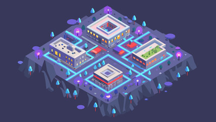 Obraz premium Isometric view of a futuristic city with glowing roads and buildings on a dark purple background scene