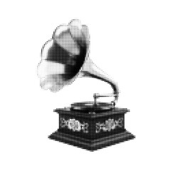 Vintage gramophone icon in halftone dot style. Retro music symbol with classic horn speaker illustration on white background.
