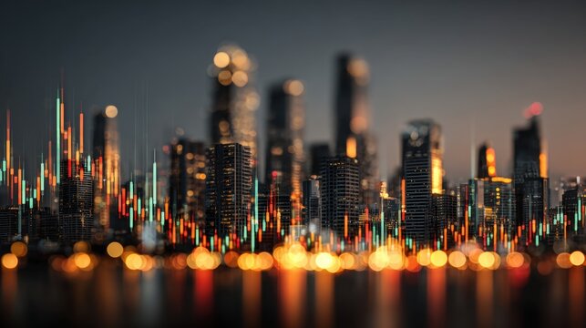 Big data analysis and financial planning overlaid on a city skyline at night offer insights for strategic business investments - Powered by Adobe