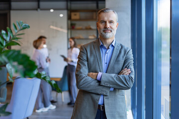 Confident pensive mature business man in modern office.