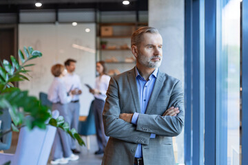 Smiling mature businessman manager executive standing in office with colleagues on the background