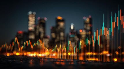 Big data analysis and financial planning overlaid on a city skyline at night offer insights for strategic business investments