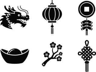 Collection of Chinese New Year icons including a dragon, lantern, coin, gold ingot, plum blossom, and knot