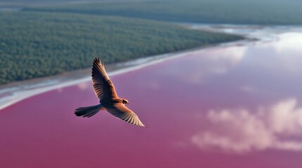 A majestic bird soars over a vibrant pink lake. The stunning landscape showcases lush greenery and reflective waters. This aerial view captures the beauty of nature. AI