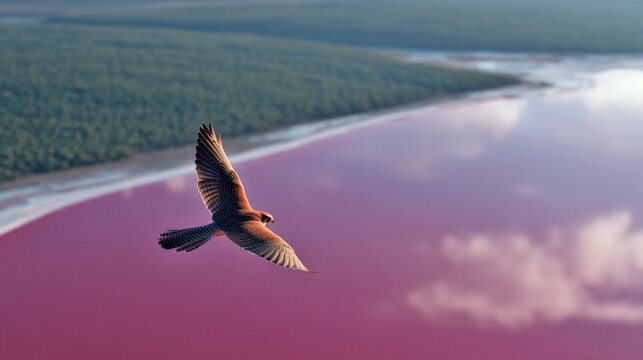 A majestic bird soars over a vibrant pink lake. The stunning landscape showcases lush greenery and reflective waters. This aerial view captures the beauty of nature. AI - Powered by Adobe