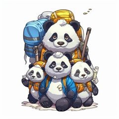 Panda sticker of father and son doing camping activities with happy expressions. Nice and cute.
