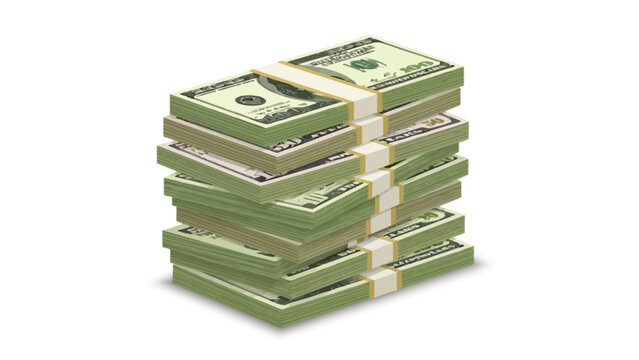 A tall stack of United States dollar bills bound by paper straps
