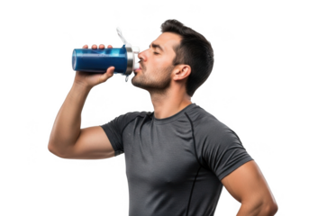 Man drinking from a blue water bottle with a straw isolated on transparent background
