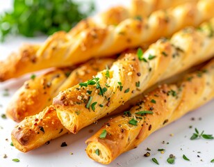 Cinematic close-up of twisted herb infused breadsticks, clean and bright background, precise studio lighting, crust texture, aromatic herbs visible