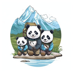 Cute panda stickers of father and son climbing in the mountains. Nice and cute
