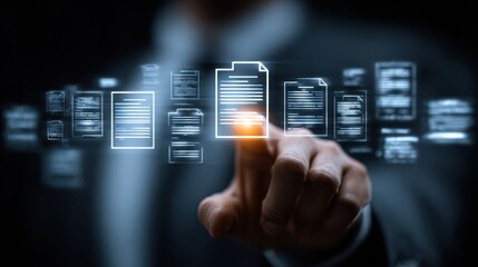 Managing electronic documents on a virtual screen futuristic document management system, automation efficiently operating paperless, high quality realistic