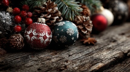 Christmas ornaments and pine cones on wooden background create a festive holiday scene, with holiday cheer and rustic charm showing the joy of the season