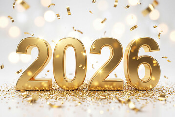 Golden 2026 numbers, new year celebration, festive background, falling confetti