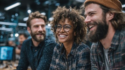 Group of diverse colleagues smile together in modern office after successful team building event, celebrating project success and teamwork