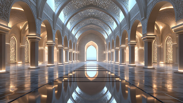 A majestic arched corridor glows with warm ambient light, its polished floor mirroring intricate ceiling patterns and columns, evoking serene architectural grandeur.