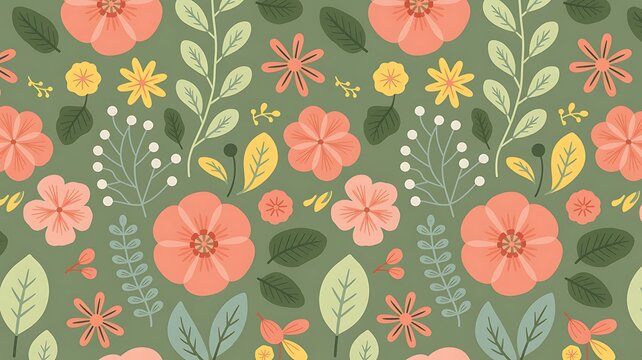 A charming and whimsical floral pattern illustration with a muted green background featuring coral and yellow flowers, perfect for various creative projects