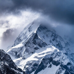 Obraz premium High-detail photo of a dramatic snowy mountain peak with storm clouds, 70mm lens, strong contrast, photorealistic textures.
