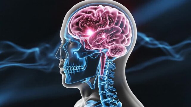 3D Medical Visualization of Human Brain and Skull Anatomy in Digital Science Environment, Side View Illustration Highlighting Neural Activity