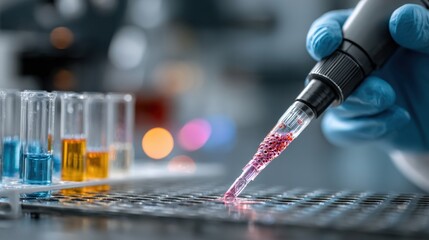 Scientist uses pipette with consumables tube in lab doing experiment for product results