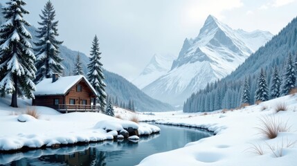 Fototapeta premium Serene Winter Cabin Retreat Beside a Frozen River, Nestled Amongst Snow-Covered Evergreens and Majestic Mountains