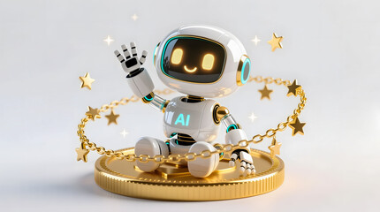 Cute robot sitting on a giant gold coin, waving a hand, with a garland of gold chains and stars above, symbolizing prosperity.