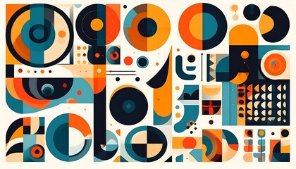 A collection of geometric shapes in various sizes, colors, and orientations arranged across a light background