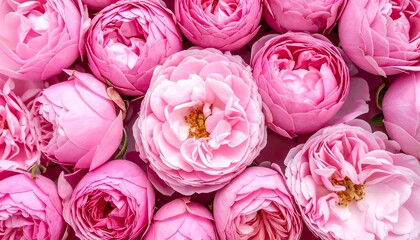 A collection of many pink peony flowers is seen close-up with detailed petal texture and floral arrangement