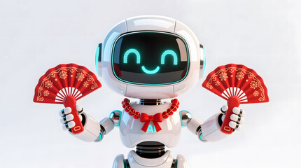 A delightful white AI robot with a cheerful screen face holds two traditional red fans, ready for a festive cultural performance.