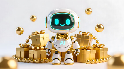 Adorable AI robot wearing a golden bow tie, standing in a pile of gold gift boxes, surrounded by a garland of shimmering gold spheres.
