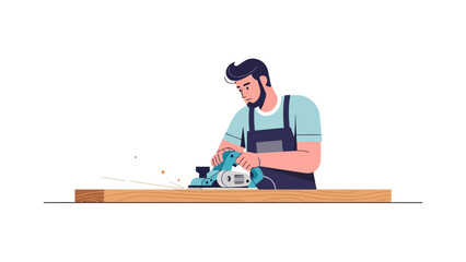 Carpenter planing a wooden plank with an electric planer