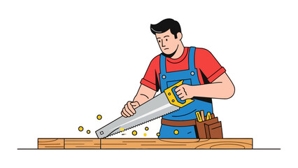 Carpenter sawing a piece of wood with sawdust flying