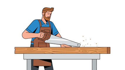 Carpenter sawing a wooden plank on a workbench