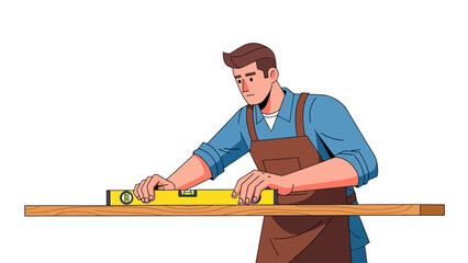 Carpenter uses a level on a wooden board