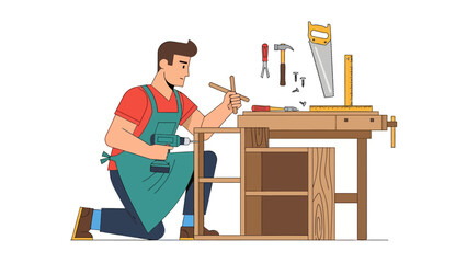 Carpenter using a drill on a workbench with tools