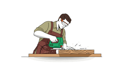 Carpenter using a jigsaw on a piece of wood