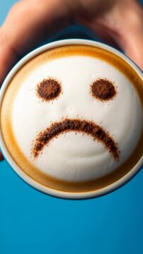 Hand expressively rotating cup with frowny face coffee art on blue background