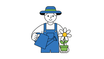 Cartoon farmer with watering can and flower pot