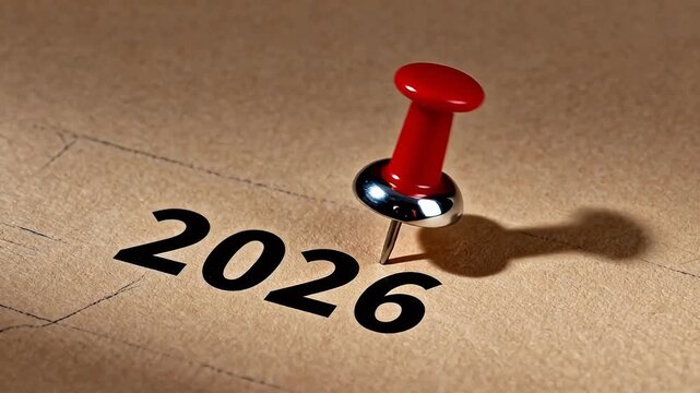 A red pushpin marks the year 2026 on a textured paper surface, symbolizing a future date or goal.