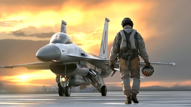 Fighter pilot walking toward jet at sunrise, helmet under arm, cinematic heroism, ultra-realistic tone.