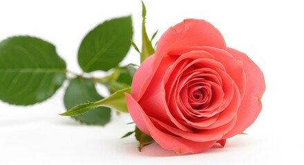 Single Coral Rose Blossom with Green Leaves