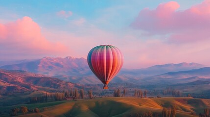 Fototapeta premium Magical Sunrise Over Pastel Landscape with Hot Air Balloon