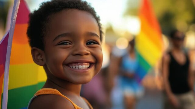 Video A young boy holds a colorful rainbow flag, smiling and proud of his identity