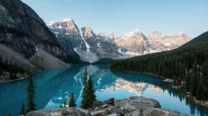 Crystal-clear blue lake surrounded by tall pines and snowy mountain peaks, reflections in calm water, untouched wilderness