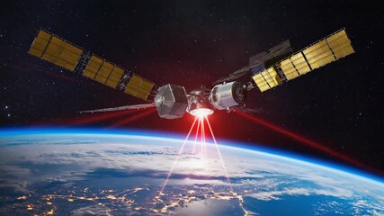 High-tech satellite with solar panels orbiting Earth emitting laser beams, representing science, innovation, space exploration, communication technology, and the future of advanced orbital research. - Powered by Adobe